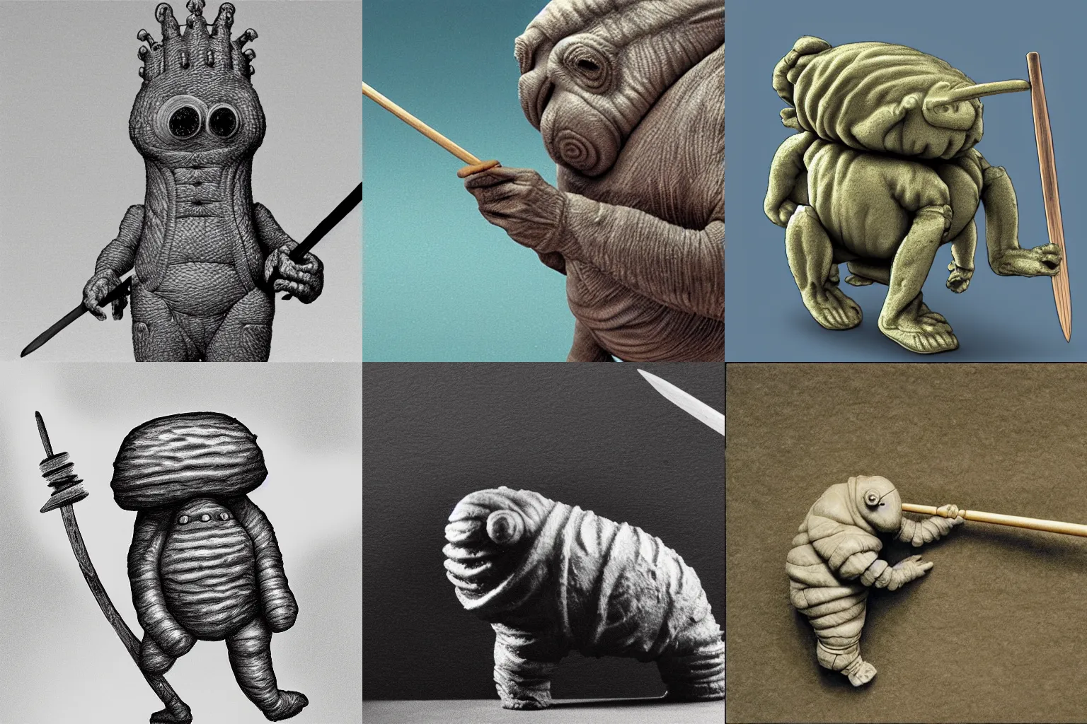 Prompt: Tardigrade holding a primitive spear, electron microscope view,