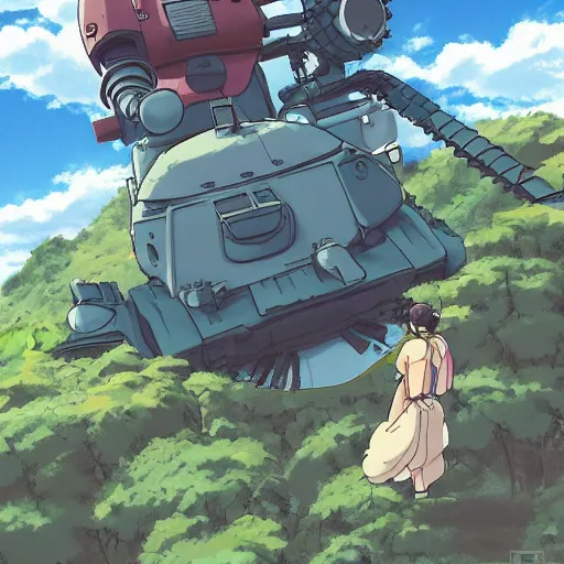 Prompt: a beautiful movie still in the style of Studio Ghibli anime showing a 3/4 view of an adorable tank mecha with arms. Studio Ghibli, aerial photography, wide angle lens, trending on artstation, trending on behance