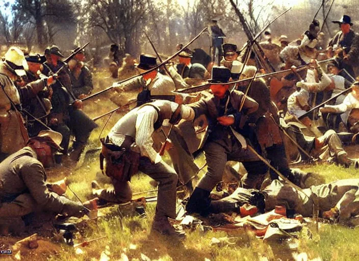 Prompt: anders zorn oil painting of instruction of american civil war battle scene, interpersonal, intimate