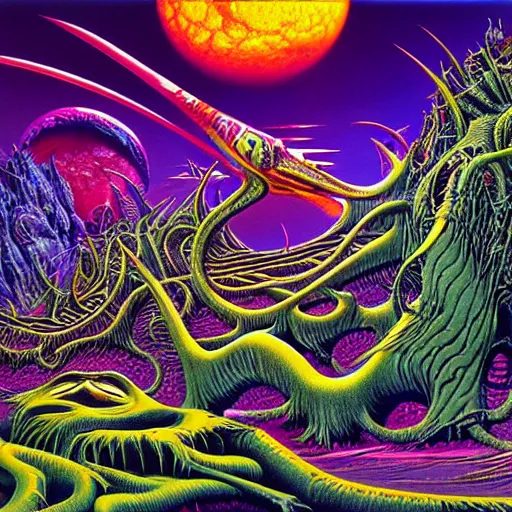 Prompt: thrash metal album cover in the style of roger dean, realistic, sharp focus, 8k high definition, insanely detailed, intricate, smooth, airbrush, art by kenny scharf and philippe druillet