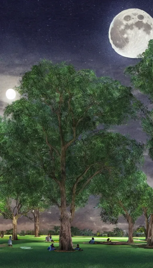 Image similar to a city park at night in Merida Yucatan Mexico with Ceiba trees and a full moon. fantasy illustration