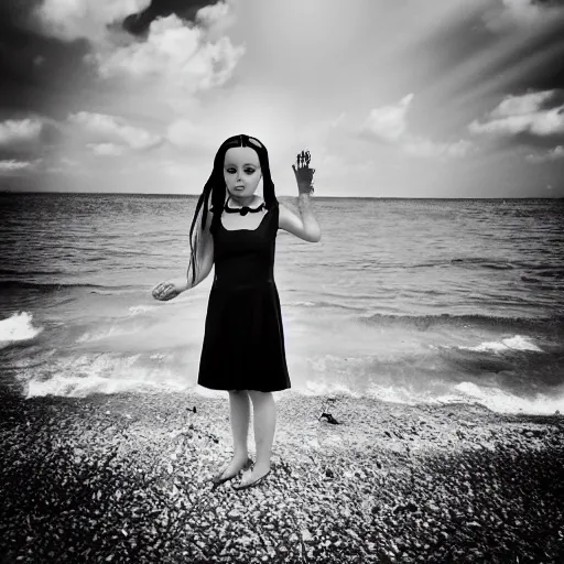 Image similar to b & w photo of wednesday addams at the beach