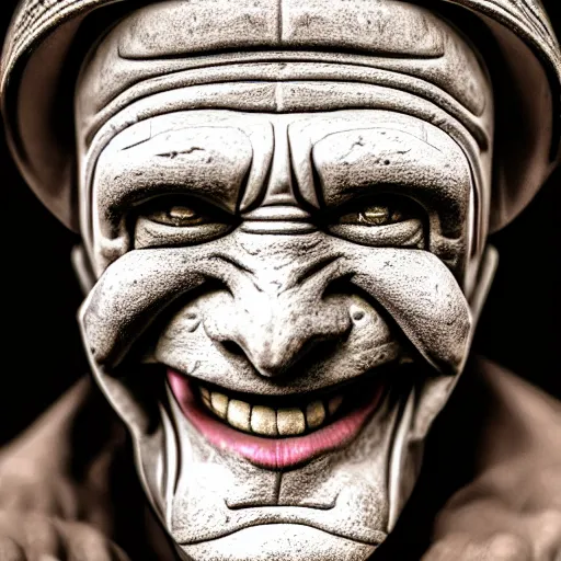 Image similar to Photography of 1000 years old smiling man with highly detailed 1000 years old face in style of Josan Gonzalez