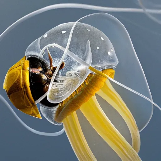 Image similar to a award winning photo of a wasp trapped inside a jellyfish, by national geografic, photorealism