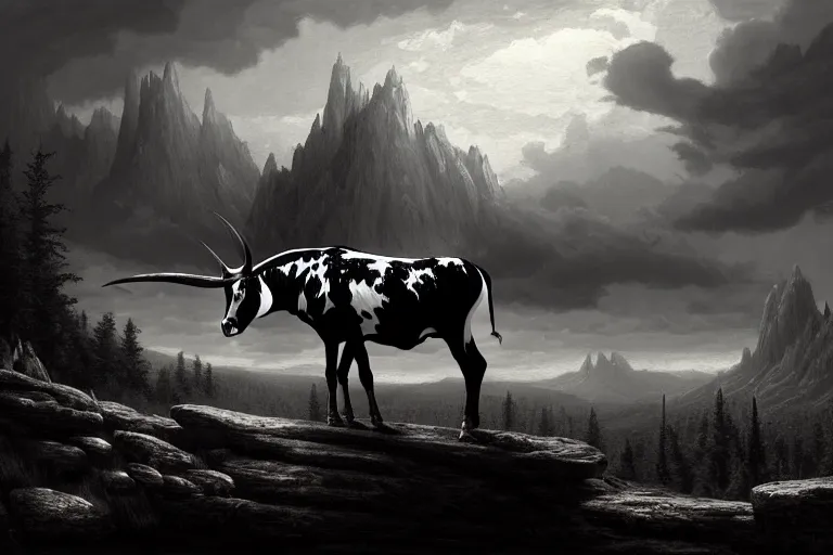 Image similar to a black and white longhorn on a high bluff, key visual, concept art, extremely moody lighting, highly detailed, digital painting, artstation, unreal engine, in the style of charles marion russell and albert bierstadt and frederic remington