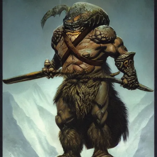 Image similar to anthropomorphic turtle barbarian humanoid by frank frazetta, carapace, blizzard, winter, night, furs, fantasy