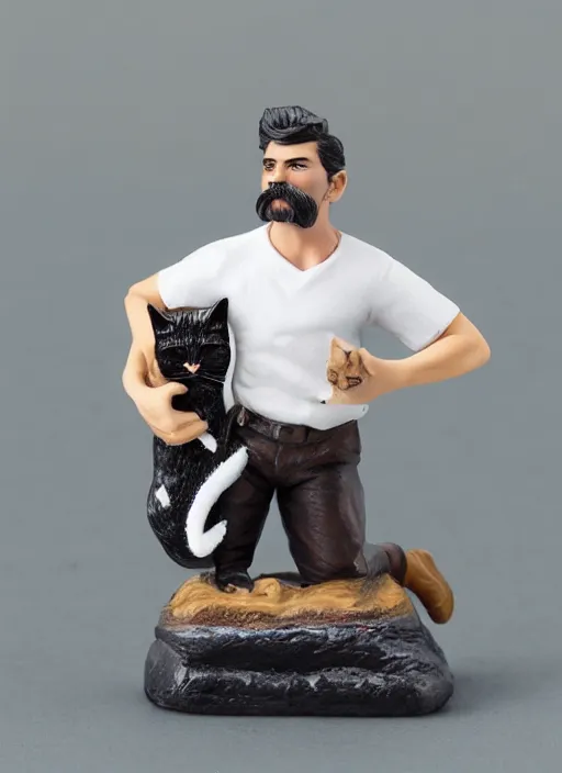 Prompt: 80mm resin detailed miniature of beautiful europenian man with moustache and no beard wearing white t-shirt and holding tabby cat, Product Introduction Photos, 4K, Full body