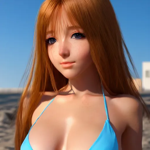 Prompt: Render of a very beautiful 3d anime girl, long hair, bikini shot, hazel eyes, cute freckles, full round face, short smile, golden hour, serene beach setting, medium shot, mid-shot, highly detailed, trending on Artstation, Unreal Engine 4k