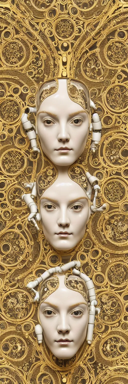 Prompt: seamless pattern of beautiful cybernetic baroque robot, beautiful baroque porcelain face + body is clear plastic, inside organic robotic tubes and parts, damask patern, front facing, wearing translucent baroque rain jacket, carved gold panel + symmetrical composition + intricate details, hyperrealism, wet, reflections + by alfonse mucha and moebius, no blur