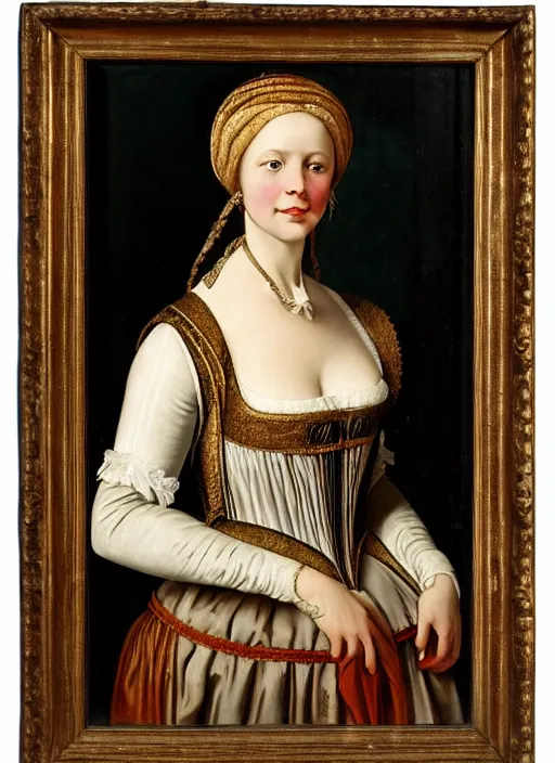 Image similar to portrait of young woman in renaissance dress and renaissance headdress, art by adolf ziegler