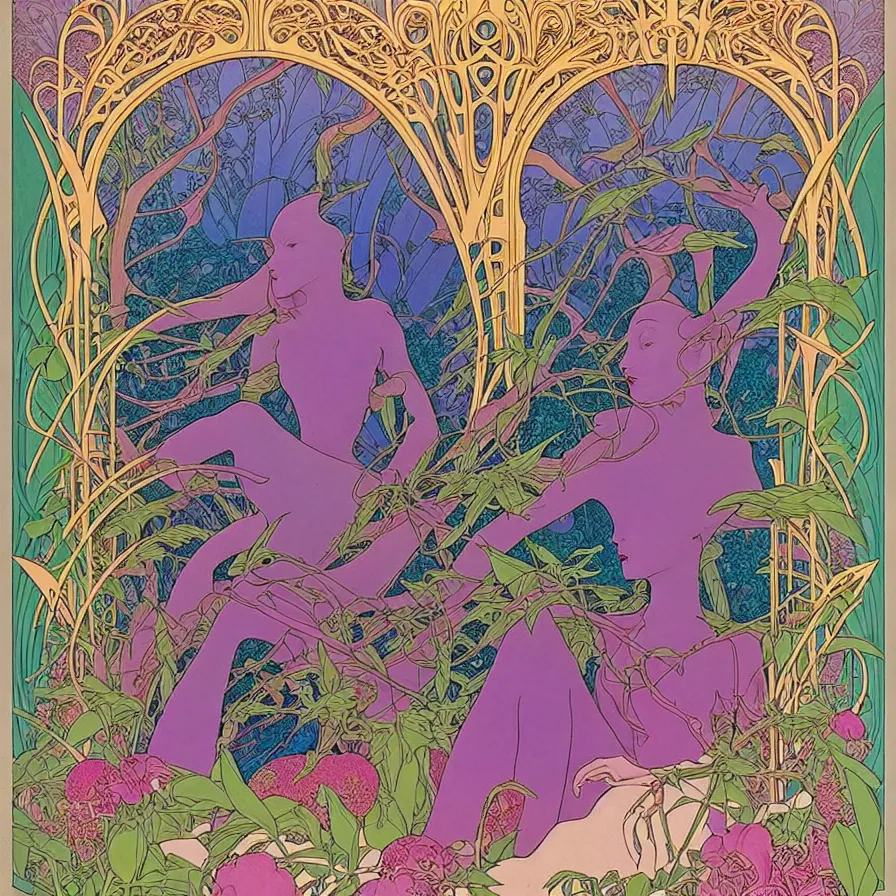 Image similar to ( ( ( beautiful strange forest and flowers and birds surrounded by an art nouveau style decorative frame ) ) ) by mœbius!!!!!!!!!!!!!!!!!!!!!!!!!!!, overdetailed art, colorful, record jacket, cover art design