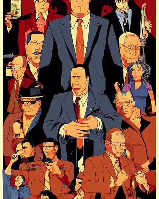 Prompt: a promotional poster for a mafia - themed king of the hill movie illustrated by robert mcginnis, poster design, king of the hill, dramatic, dramatic lighting, hank hill, dale gribble, boomhauer, bill dauterive, john redcorn