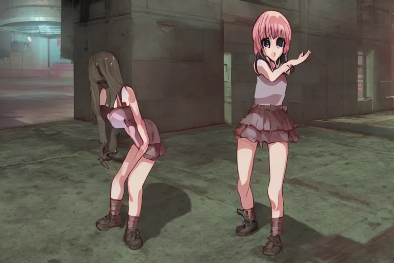 Image similar to an anime girl in a screenshot of the video game doom, the anime girl is crouching