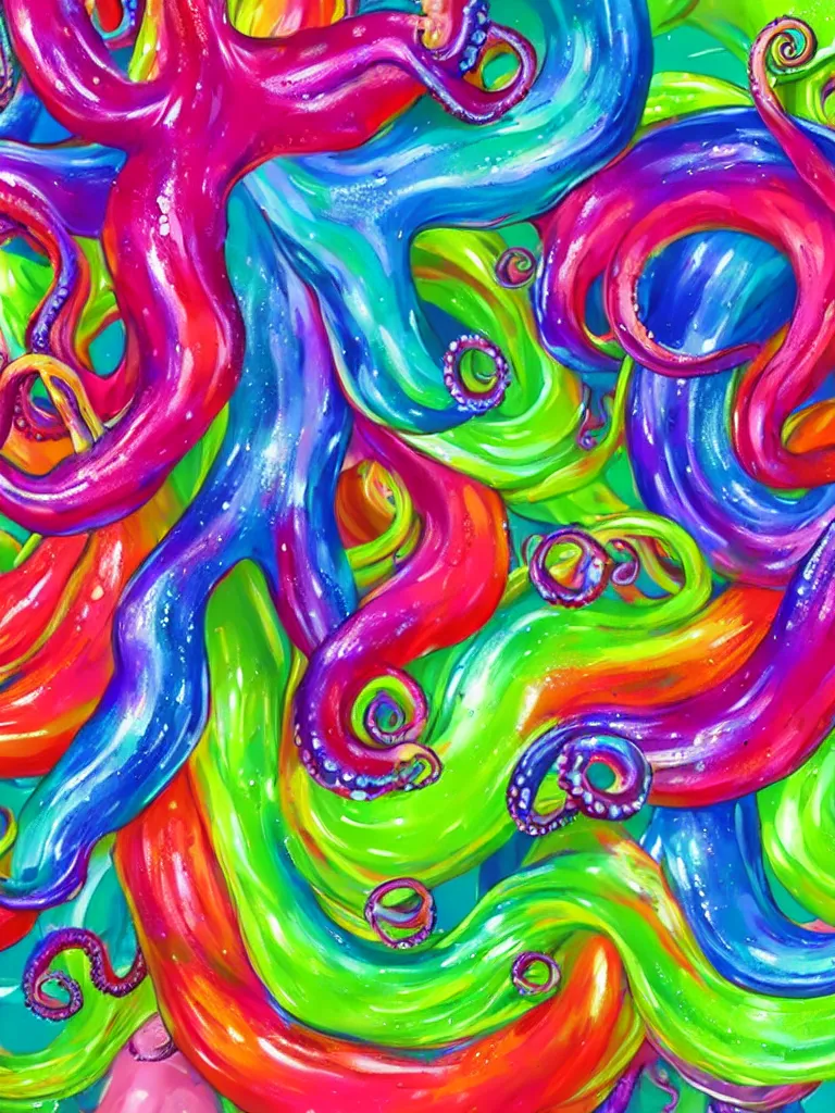 Image similar to colorful liquid octopus tentacles, hyper detailed painting, particles, bubbles, stong outline