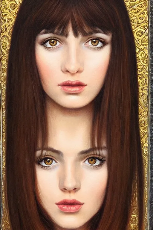 Prompt: hyper realistic painting portrait of brunette with bangs, intrincate ornaments, gold decoration, caligraphy, occult art, illuminated manuscript, oil painting, art noveau