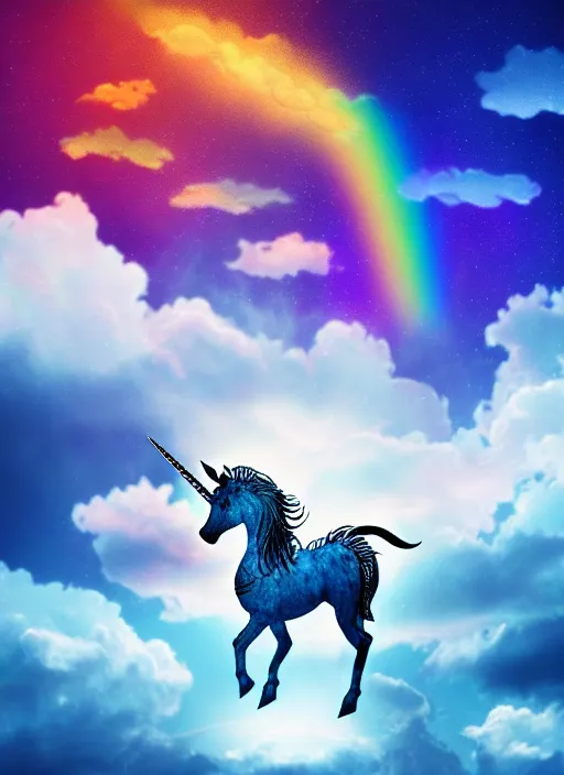 Image similar to intricate unicorn with wings, rainbow, on the background of a weird magical sky with clouds. Very detailed 8k. Fantasy. Sharp. Cinematic post-processing