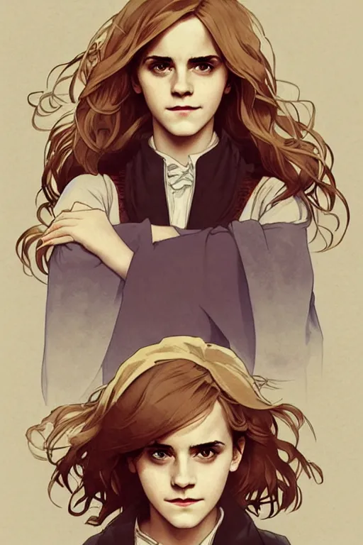 Image similar to Poster artwork, Emma Watson as Hermione Granger, medium shot, details, sharp focus, illustration, by Jordan Grimmer and Alphonse Mucha and greg rutkowski and PiNe(パイネ) and 薯子Imoko and 香川悠作 and maya takamura, intricate, beautiful, Trending artstation, pixiv, digital Art