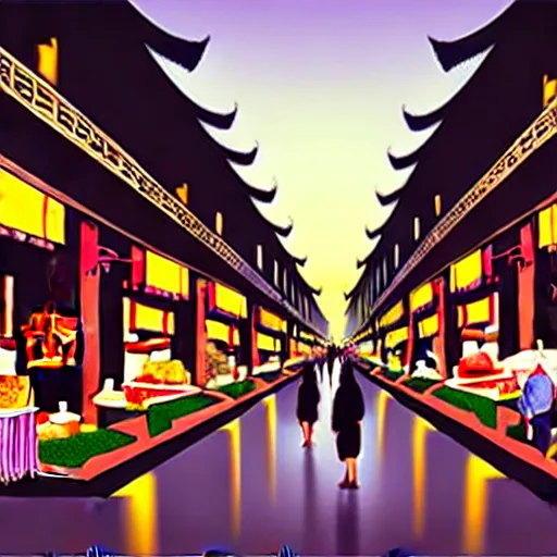 Image similar to an immaculate digital matte painting placid asian street market scene at dusk.