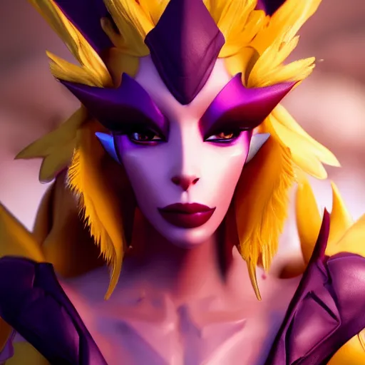 Prompt: still close up of pretty Xayah (League of Legends) in KDA More music video. 3d render, octane render, game art, realistic, highly detailed, trending on artstation, 4k, trending on artstation, pixar, cgsociety, unreal engine 5, redshift render, trending on artstation, blender, behance, cg