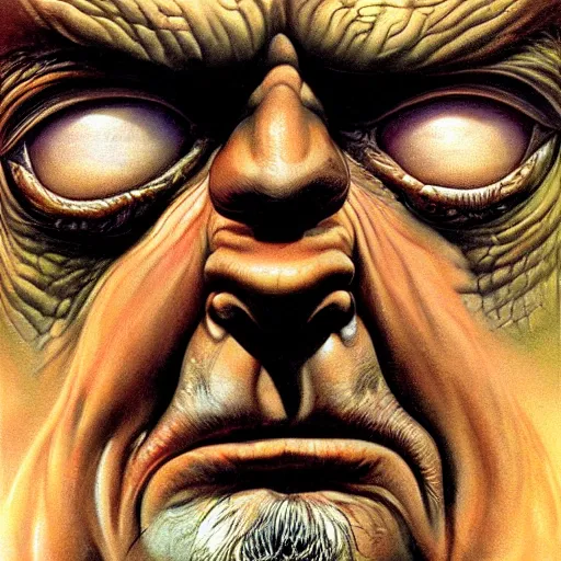 Image similar to very closeup face, big eyes, angry old man, surrealism, painting by boris vallejo and michael whelan