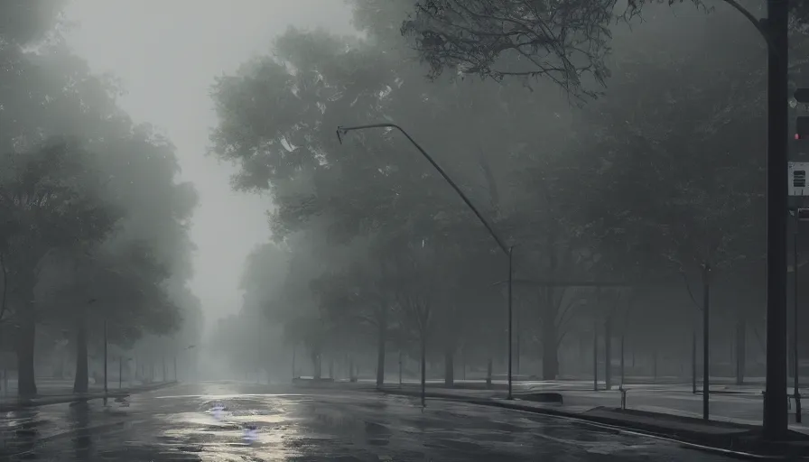 Image similar to empty washington streets covered by vegetation, fog, wet roads, cold, hyperdetailed, artstation, cgsociety, 8 k