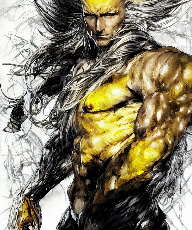 Prompt: man with sharp features, yellow eyes, and long silver hair that spikes upward in two large prongs, lean muscular build, collaborative artwork by greg ruthowski, yoshikata amano, yoji shinkawa!!, artstation, highly detailed, clear face