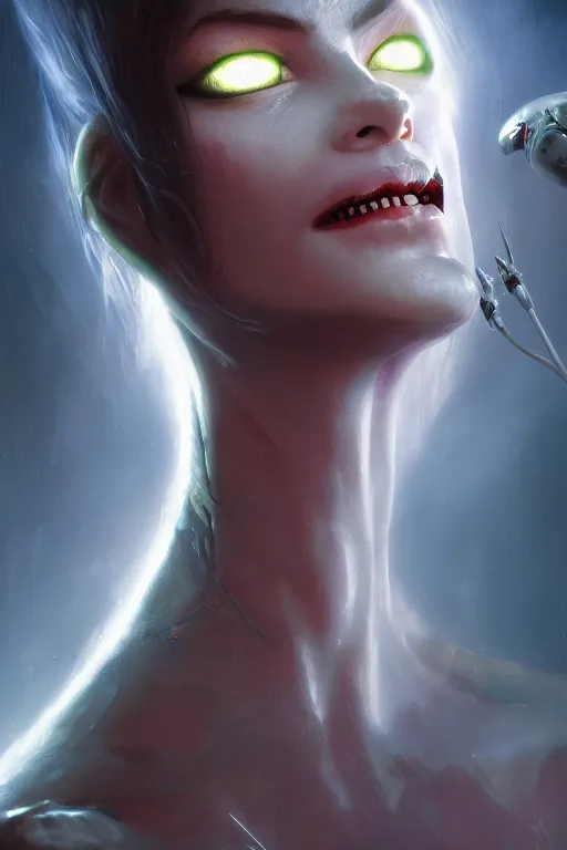 Image similar to attractive vampire female alien - cyborg, close - up portrait, intricate, elegant, volumetric lighting, scenery, digital painting, highly detailed, artstation, sharp focus, illustration, concept art, luis rollo, ruan jia, steve mccurry, john berkey