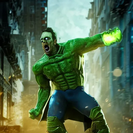 Image similar to pickle rick as superman! in gears of war, splash art, movie still, detailed face, photorealistic facial features, cinematic lighting, dramatic, octane render, long lens, shallow depth of field, bokeh, anamorphic lens flare, 8 k, hyper detailed, 3 5 mm film grain