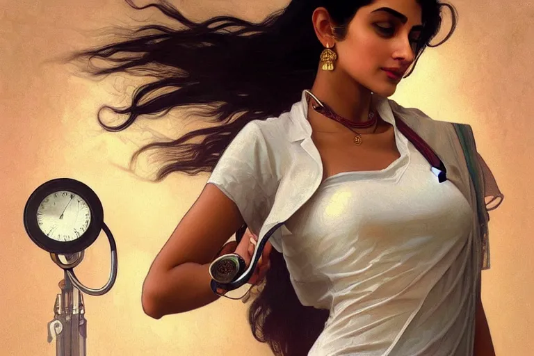 Image similar to sensual pale beautiful indian doctor in jeans with stethoscope, art deco portrait, elegant, intricate, digital painting, artstation, concept art, smooth, sharp focus, illustration, art by artgerm and greg rutkowski and alphonse mucha