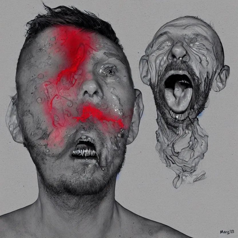 Image similar to man with a tab of acid on his tounge, digital art by mad dog jones