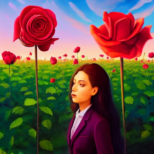 Image similar to closeup, giant rose flower over head, frontal, girl in a suit, surreal photography, sunrise, blue sky, dramatic light, impressionist painting, digital painting, artstation, simon stalenhag