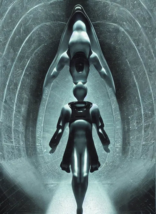 Image similar to symmetrical astronauts in dark and empty void underwater - complex and hyperdetailed technical suit. reflection and dispersion materials. rays and dispersion of light. volumetric light. 5 0 mm, f / 3 2. noise film photo. flash photography. ultra realistic, wide angle. poster by wayne barlowe, hajime sorayama aaron horkey, craig mullins