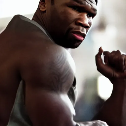 Prompt: a cinematic film still of 50 Cent starring as Mike Tyson, portrait, 40mm lens, shallow depth of field, close up, split lighting, cinematic