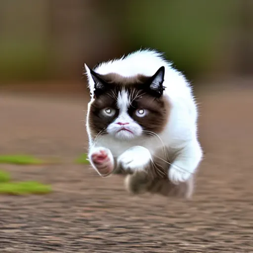 Image similar to photo of hyperspeed flying through outer space, blurry grumpy cat running fast with motion blur