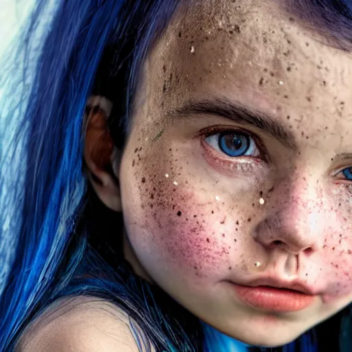 Image similar to a little blue-skinned girl with messy black hair sharp pointed ears freckles along the ridges of her cheeks, high resolution film still, 4k, HDR colors