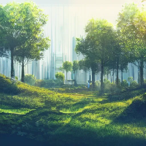 Image similar to an architecture concept art of a forest building, vegetal walls, parcs in the front, city in the background, blue sky, 4 k, high quality, artstation