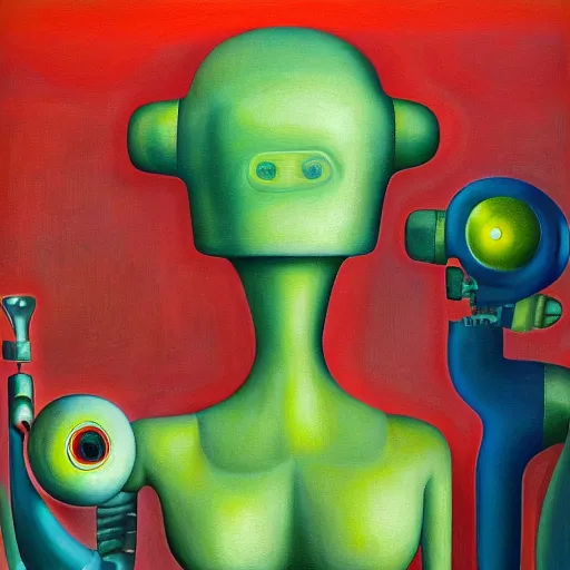 Prompt: biomorphic robot with kind eyes portrait, lowbrow, pj crook, grant wood, edward hopper, oil on canvas