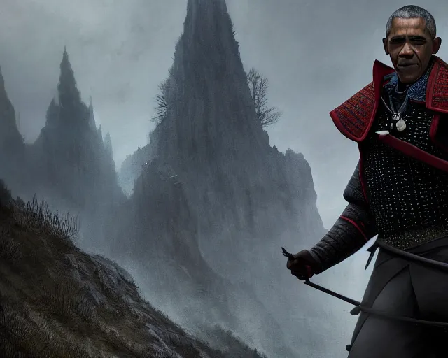 Image similar to 5 5 mm portrait photo of barack obama as a witcher in kaer morhen. dark atmosphere. art by greg rutkowski. highly detailed 8 k. intricate. lifelike. soft light. nikon d 8 5 0.