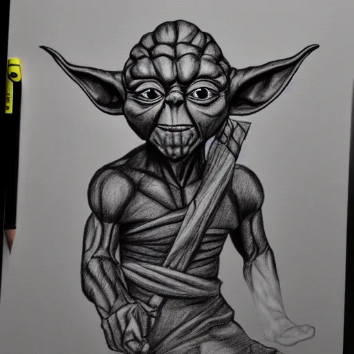 Prompt: full body black and white pencil sketch of a muscular Yoda