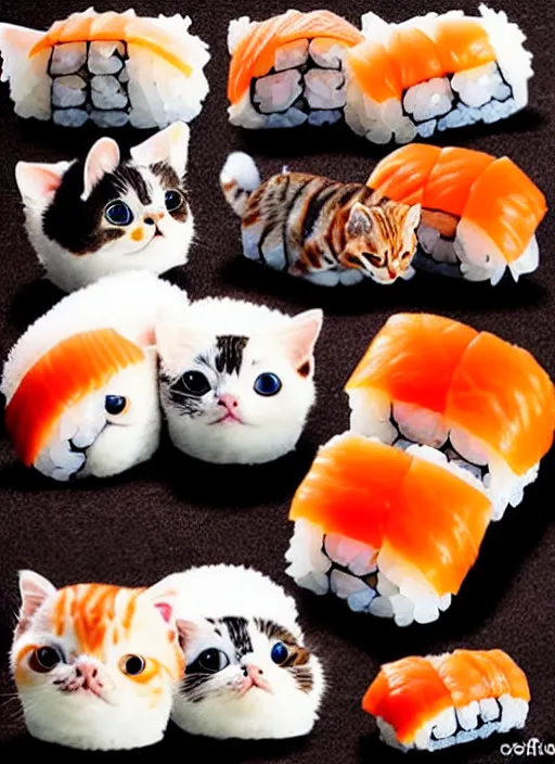 Image similar to clear photorealistic picture of adorable cats made out of sushi