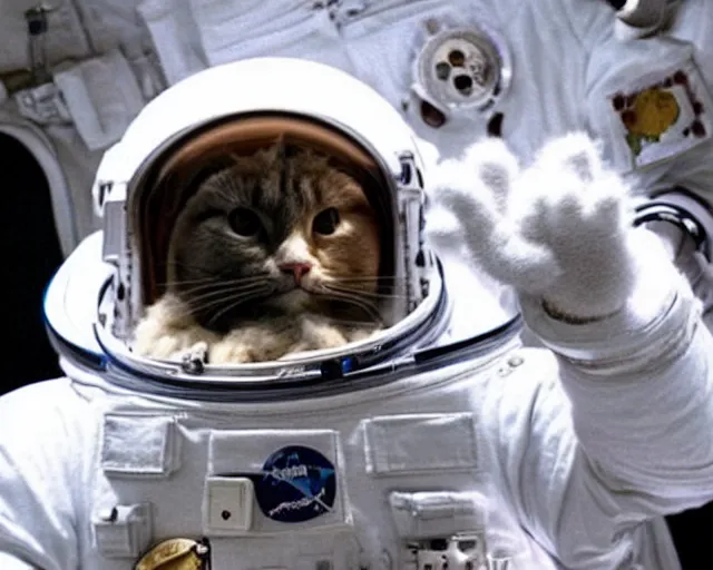 Prompt: an adorable fluffy white cat astronaut in space 🧑‍🚀 🐱 🛰️