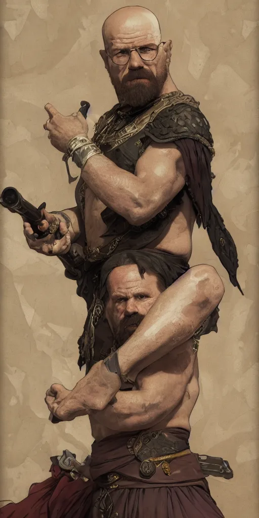 Image similar to Heisenberg as Kratos, highly detailed, digital painting, artstation, concept art, smooth, sharp focus, illustration, ArtStation, art by artgerm and greg rutkowski and alphonse mucha and J. C. Leyendecker and Edmund Blair Leighton and Katsuhiro Otomo and Geof Darrow and Phil hale and Ashley wood and Ilya repin and Charlie Bowater
