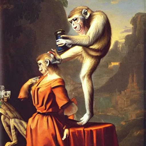 Image similar to a monkey with heels drinking tea as a baroque painting