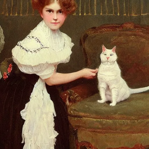 Image similar to young victorian lady in ball gown petting a cat, painted by alfred stevens