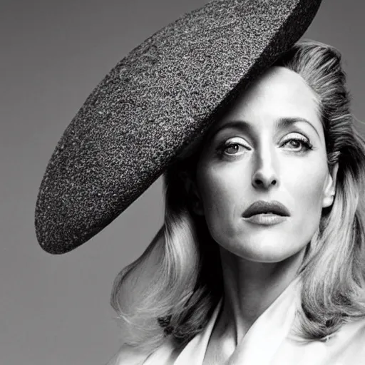 Prompt: photo of a gorgeous Gillian Anderson wearing a 1980s hat by Mario Testino, detailed, head shot, award winning, Sony a7R