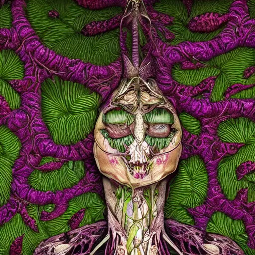 Image similar to a beautiful detailed photo of a full body rotten woman corpse morphing into fractal plants and fractal flowers and mushrooms, face muscles, veins, anatomical, intricate, ornate, volumetric light, beautiful lit, beetlejuice