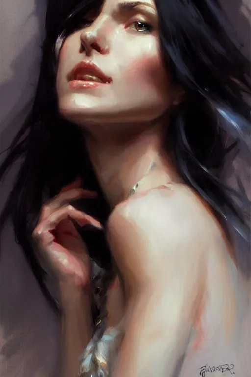 Image similar to pretty woman, flowing black hair, painting by daniel gerhartz, alphonse murac, detailed art, artstation