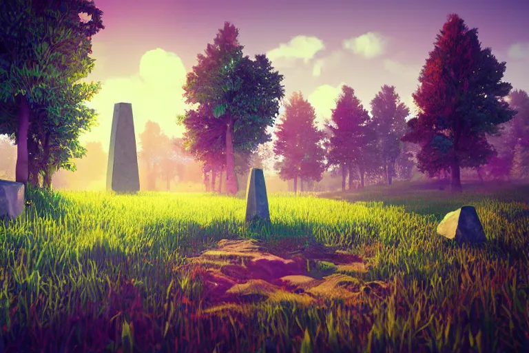 Prompt: super detailed color lowpoly art, overgrown mystical meadow with numerous trees, ancient stone obelisks with subtle glowing runes, unreal engine, retrowave color palette, 3 d render, lowpoly, colorful, digital art, perspective