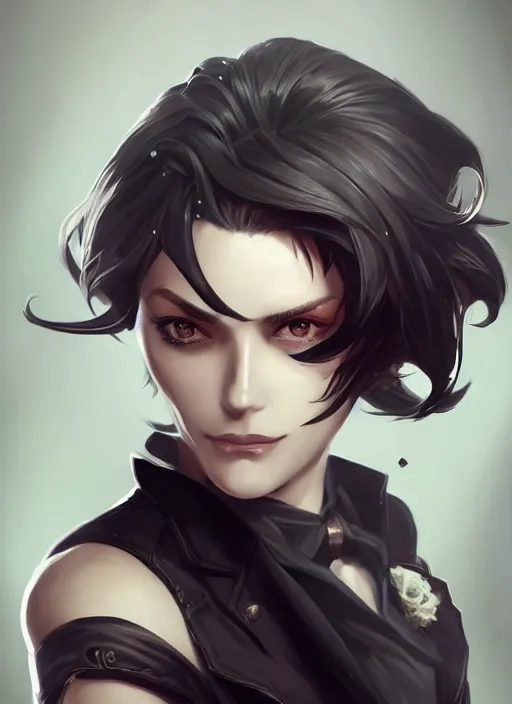 Image similar to a highly detailed illustration of beautiful short black messy haired woman wearing eyepatch!!! and noir style suit and tie, dramatic smiling pose, intricate, elegant, highly detailed, centered, digital painting, artstation, concept art, smooth, sharp focus, league of legends concept art, WLOP