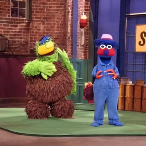 Prompt: A still of CJ and Big Smoke on Sesame Street